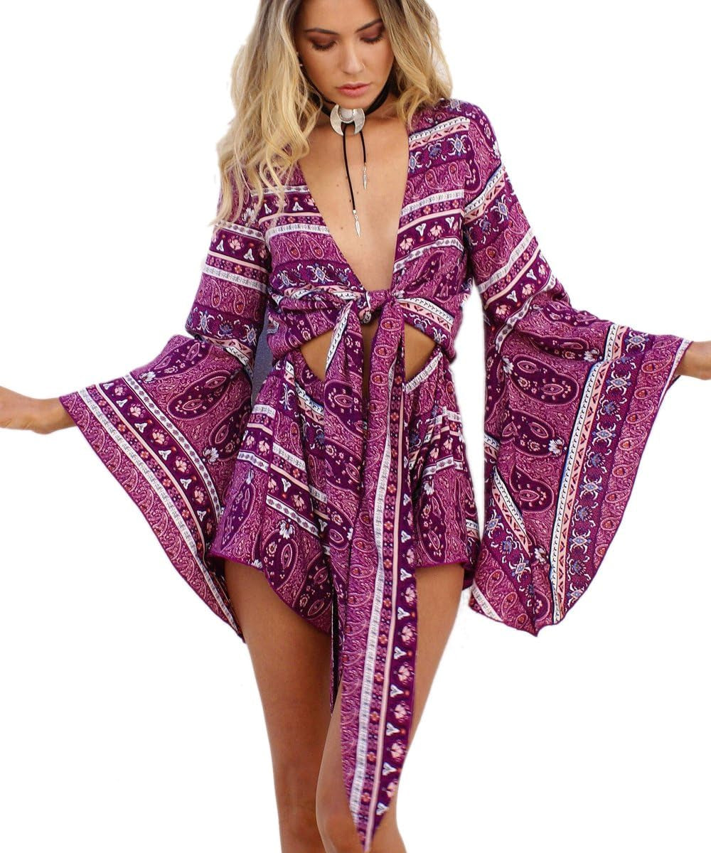 Women'S Boho V Neck Print Romper Playsuit with Long Flare Sleeves