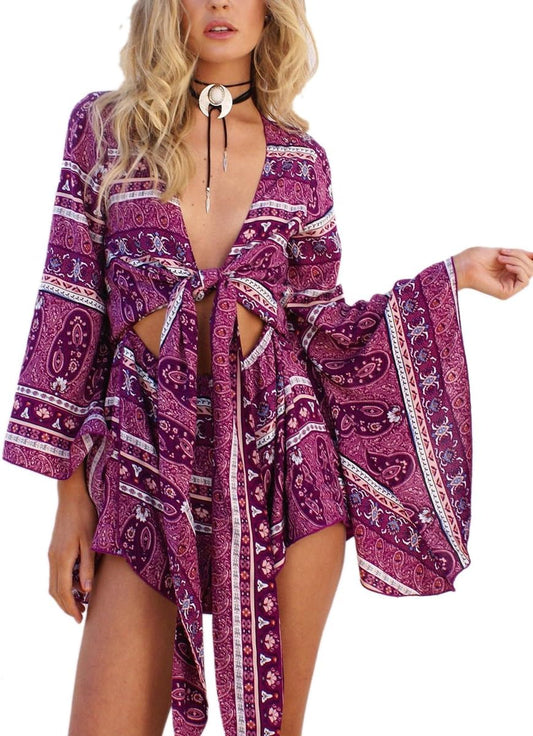 Women'S Boho V Neck Print Romper Playsuit with Long Flare Sleeves