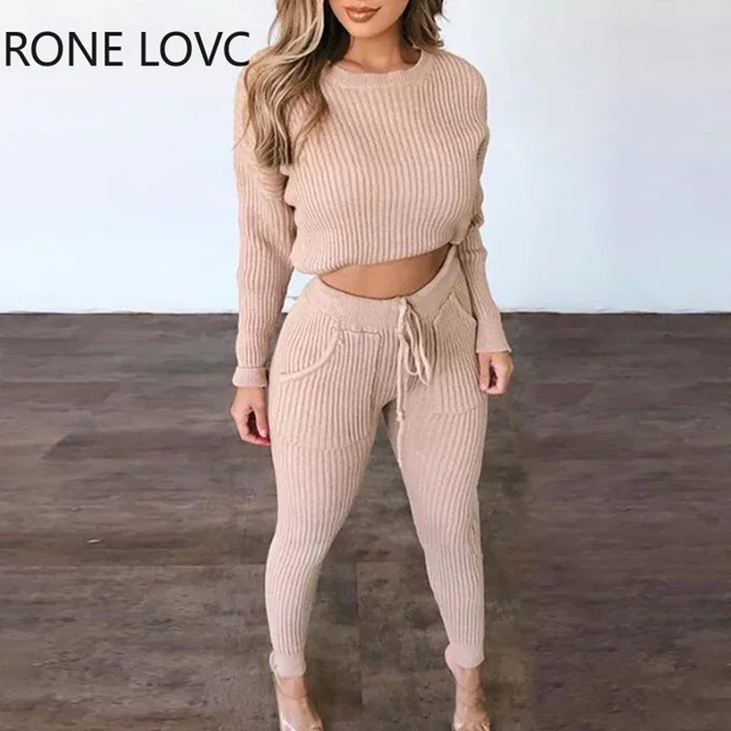 Women Ribbed Plain Long Sleeve Top & Drawstring Pants Set Suit Sets Women Two Pieces