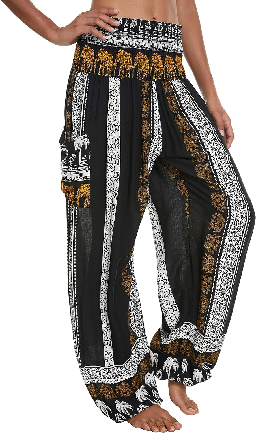 Women'S Smocked Waist Boho Floral Print Harem Yoga Pants