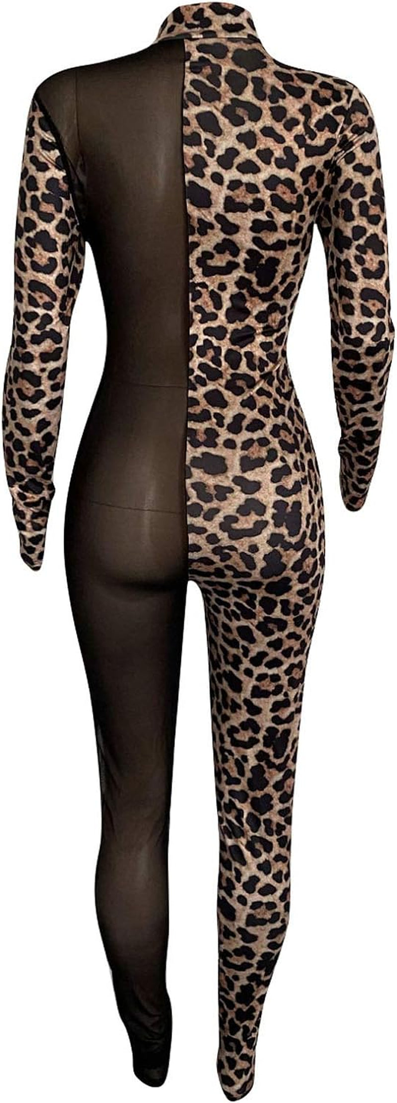 Women See through Bodycon Jumpsuit - One Piece Deep V Neck Outfits Sheer Mesh Leopard Clubwear Jumpsuit Rompers