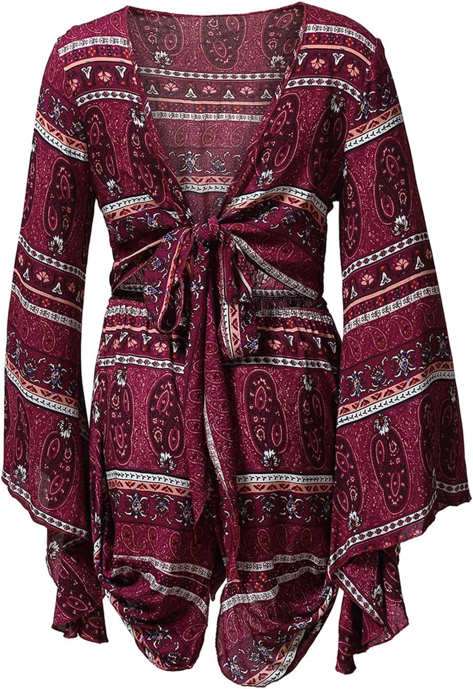 Women'S Boho V Neck Print Romper Playsuit with Long Flare Sleeves