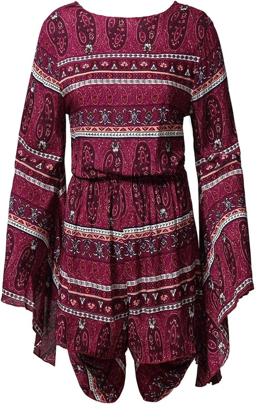 Women'S Boho V Neck Print Romper Playsuit with Long Flare Sleeves