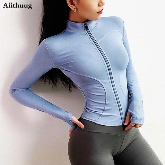 Aiithuug Women'S Slim Fit Lightweight Jackets Women'S Full Zip-Up Yoga Sports Running Jacket with Thumb Holes for Workout