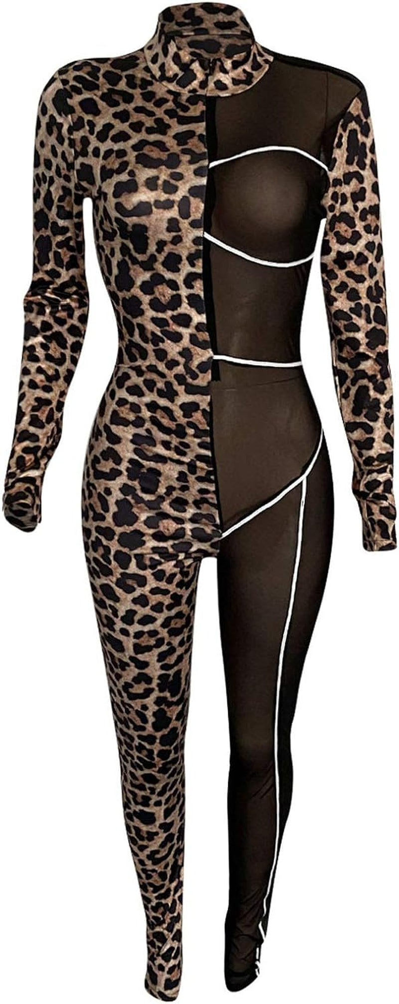 Women See through Bodycon Jumpsuit - One Piece Deep V Neck Outfits Sheer Mesh Leopard Clubwear Jumpsuit Rompers